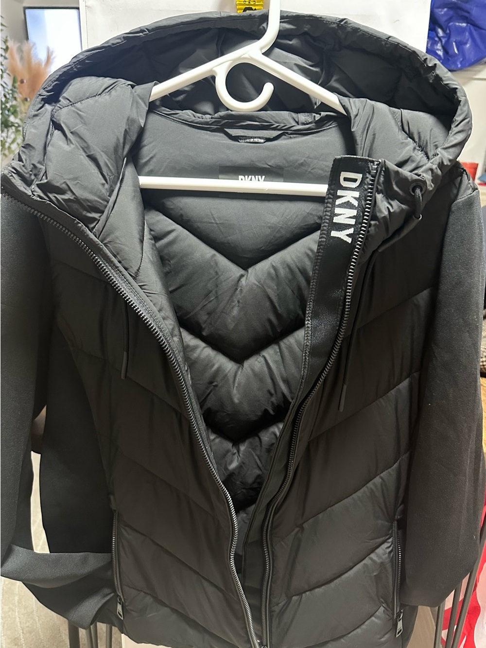 DKNY Black Quilted Hooded Puffer Coat ,New